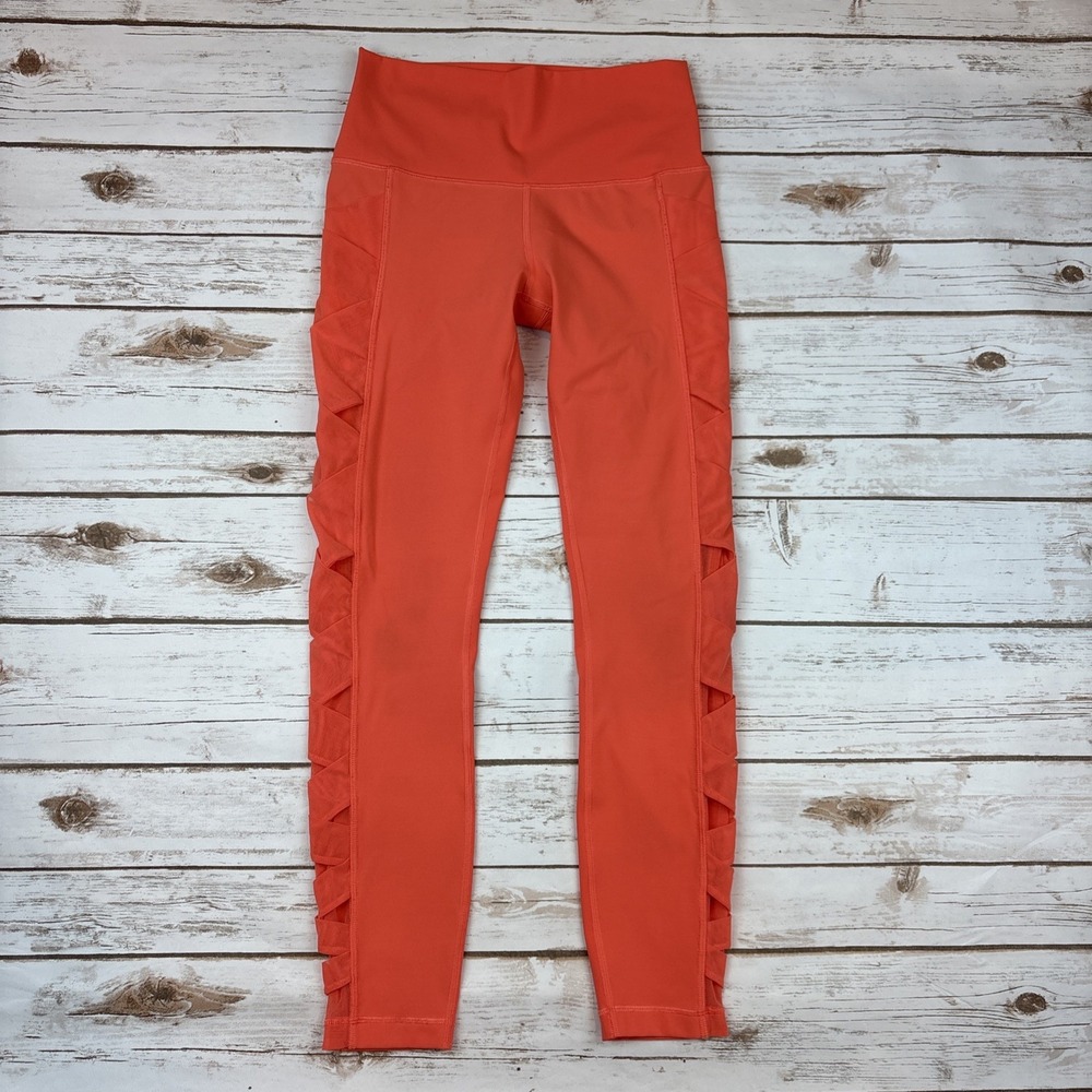 Lululemon Womens Rise and Flow Tights Sz 4 Cape Red Orange Mesh Sides Ankle Yoga